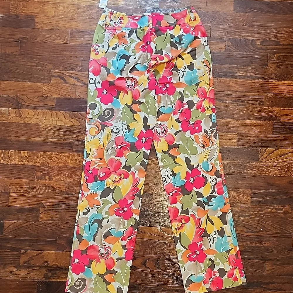 NWT Talbots Stretch Multicolored Tropical Floral Cotton Blend Pants 32